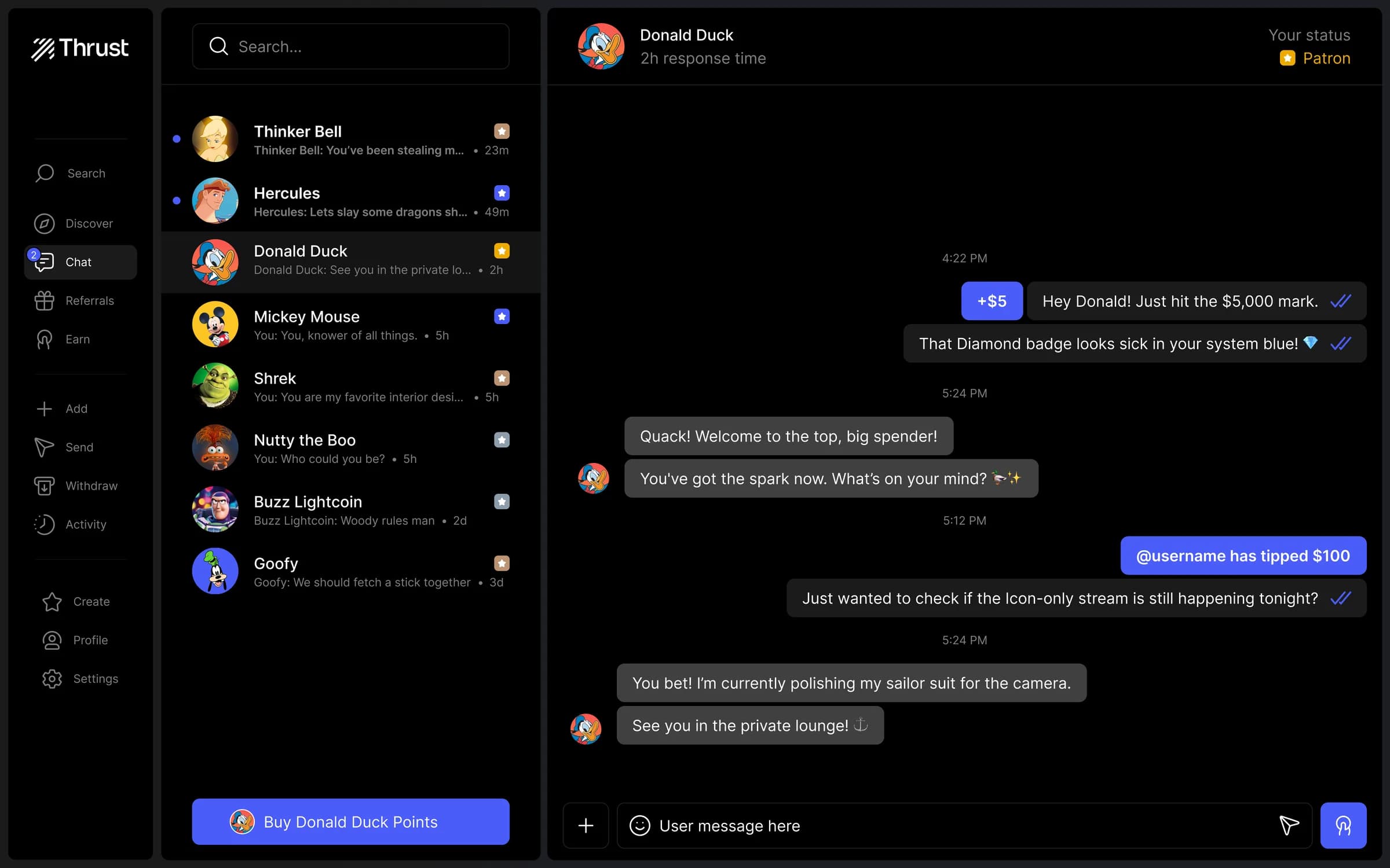 Thrust crypto trading dashboard showing live price charts