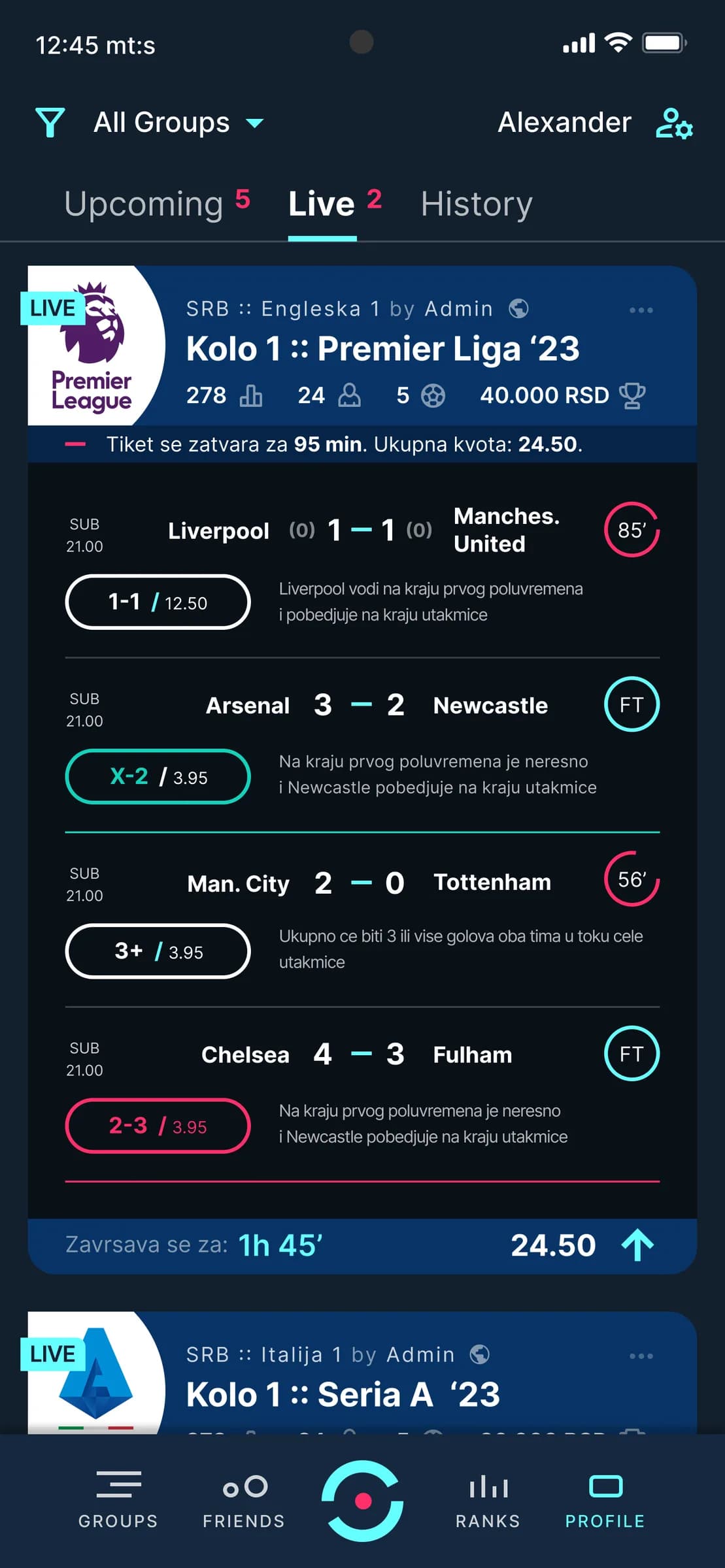 Live group prediction tickets with real time match scores
