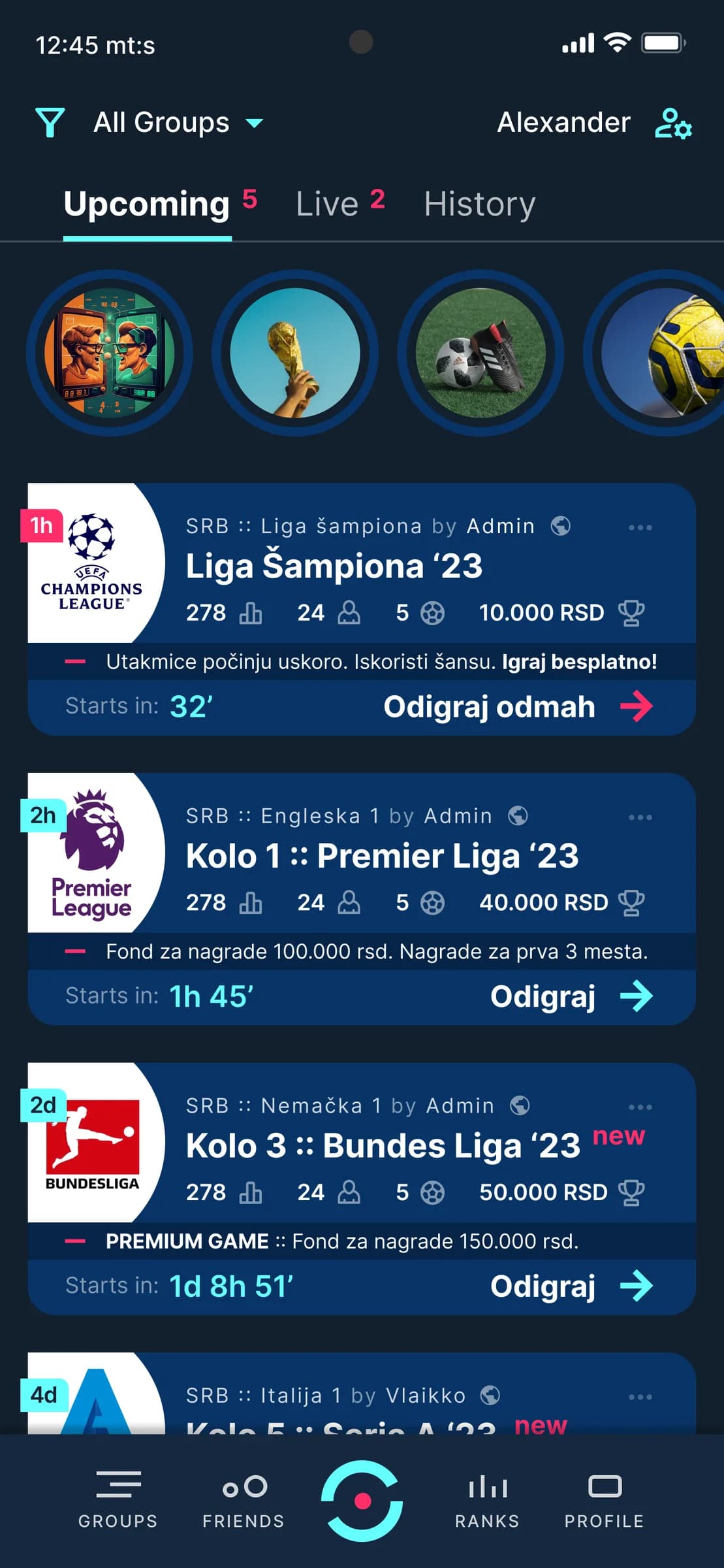 Upcoming matches grouped by Champions League, Premier League, and Bundesliga